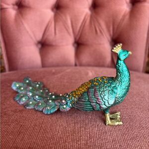 Vintage Peacock Trinket Box Hinged Figurine Teal Gold Jeweled Bird Decor